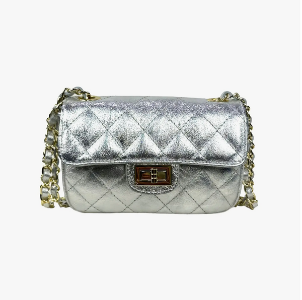 Leather handbag metallic silver