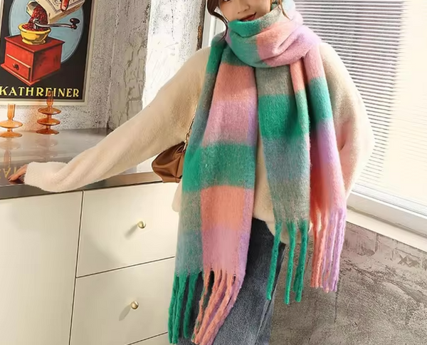 Scarf large checked, beige, brown, gray