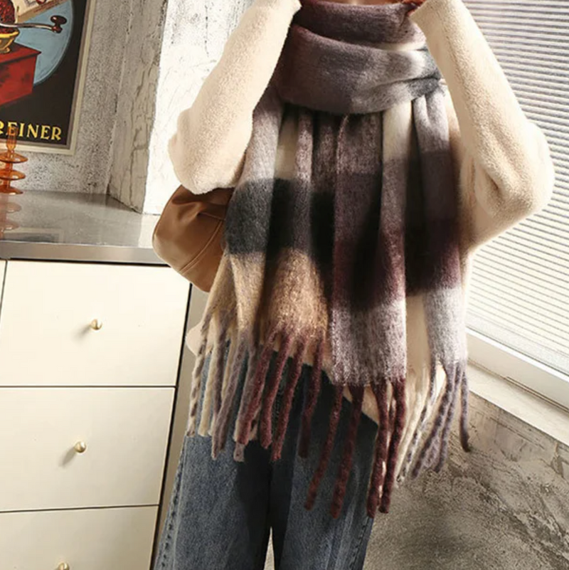 Scarf large checked, beige, brown, gray