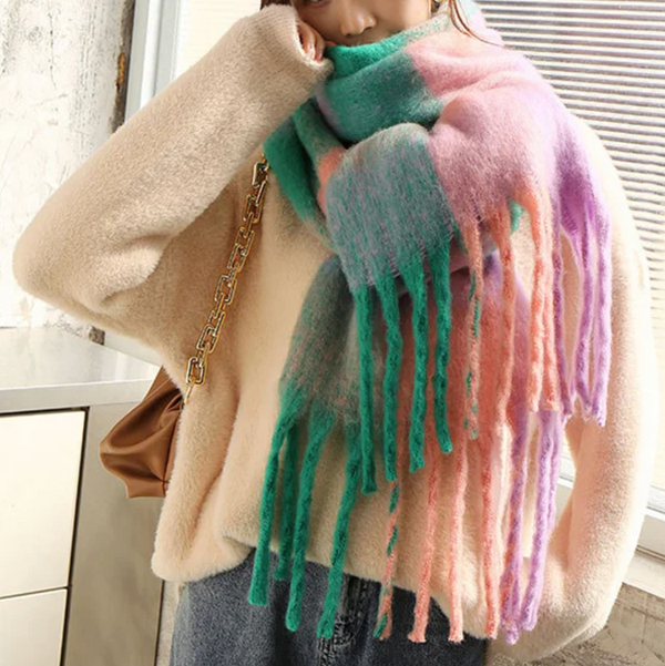 Scarf large checked, beige, brown, gray