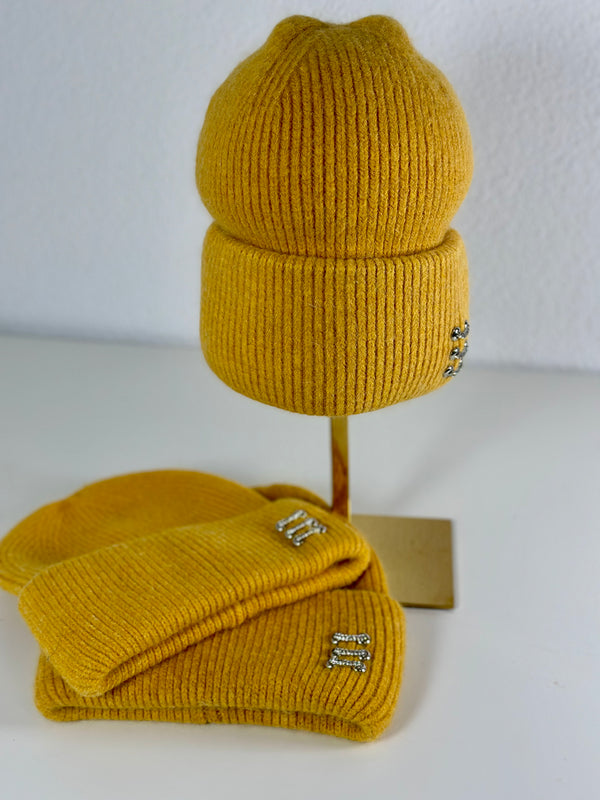 Beanie hat with angora wool mustard yellow