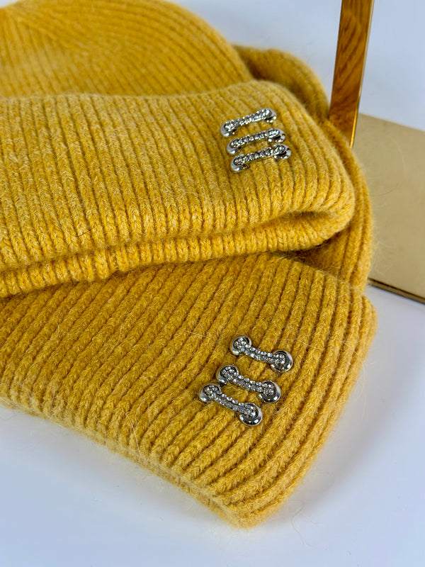 Beanie hat with angora wool mustard yellow