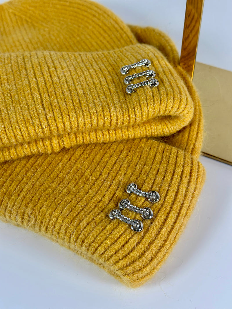 Beanie hat with angora wool mustard yellow