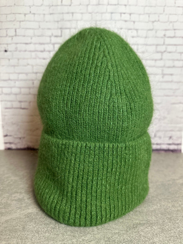 Beanie hat with angora wool dark green