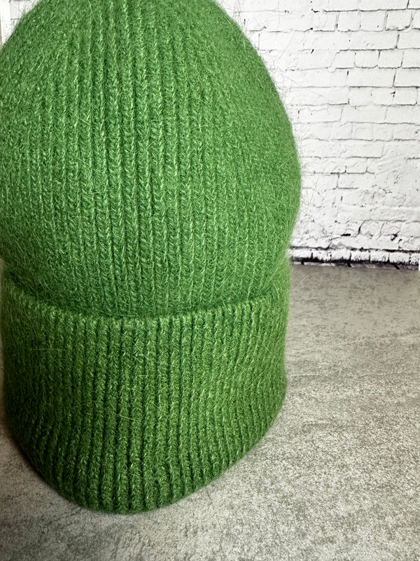Beanie hat with angora wool dark green