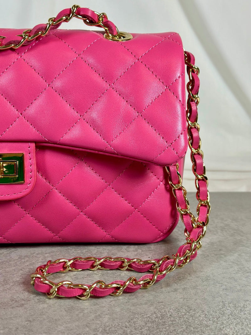 Leather handbag quilted pink