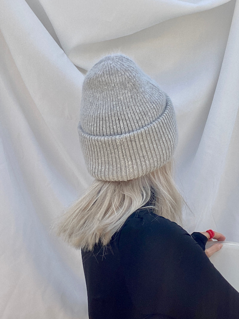 Beanie hat with angora wool light gray