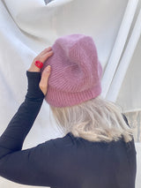 Beanie hat with angora wool in pale purple