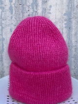 Beanie hat with angora wool in fuchsia