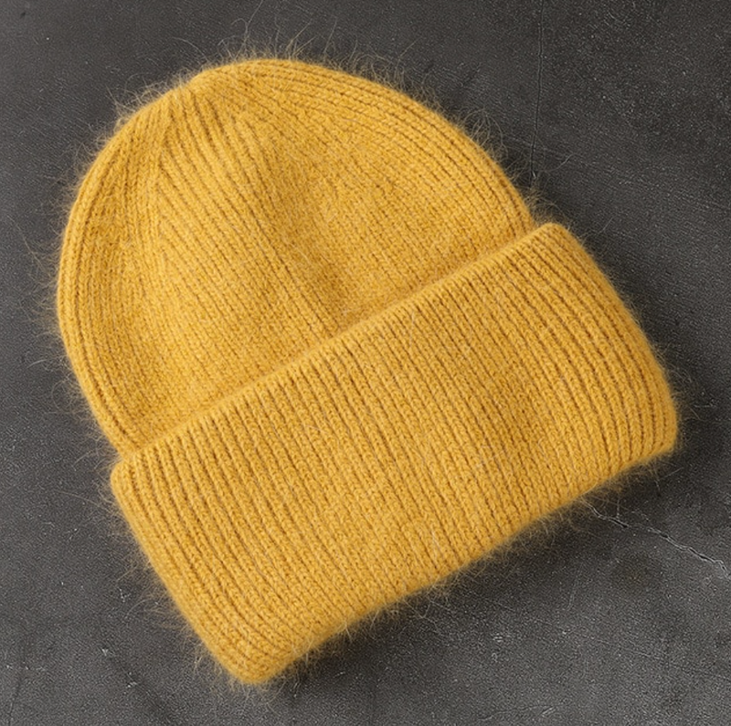 Beanie hat with angora wool mustard yellow