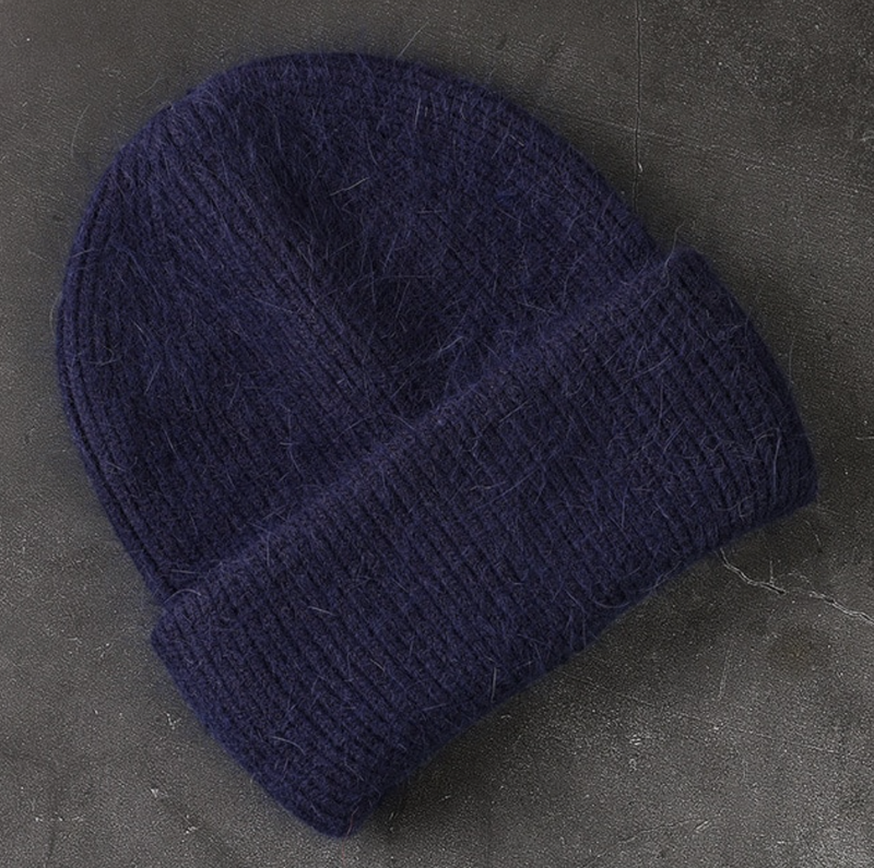 Beanie hat with angora wool navy blue
